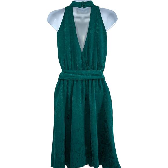Anthropologie Dress Keyhole Halter Neck Blouson Size Large Teal Green Retro Glam - Picture 2 of 8